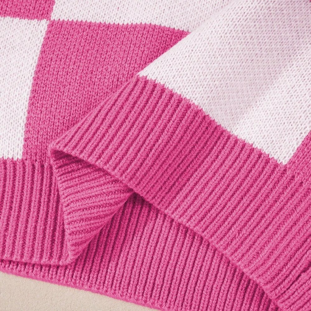 Hot Pink Casual Women's Checkered Elegant Sweater - Picture 5 of 8
